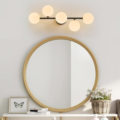 Modern Bathroom Vanity Light Fixtures,LED Matte Black Wall Sconce Lighting | 5 Lights Milk Glass Globe Vanity Light, Makeup Bathroom Vanity Lights,Dimmable Brass Mid Century Wall Sconces over Mirror - color: Black Milk Glass, size: Integrated LED