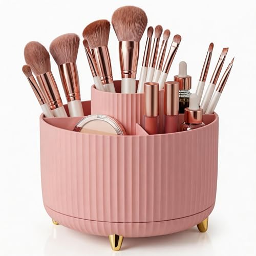 360 Rotating Makeup Brush Holder Organizer, 5-Slot Pink Spinning Cup for Women, Vanity Desk & Bathroom Storage for Cosmetics and Beauty Tools Accessories