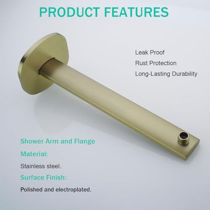 16 Inch Shower Arm with Flange,Stainless Steel Extension Extender Pipe for Fixed Rain Shower Head,Brushed Gold Extra Long High Rise Shower Head Extension Arm,SE-91119-16BG - color: Brushed Gold(91119)