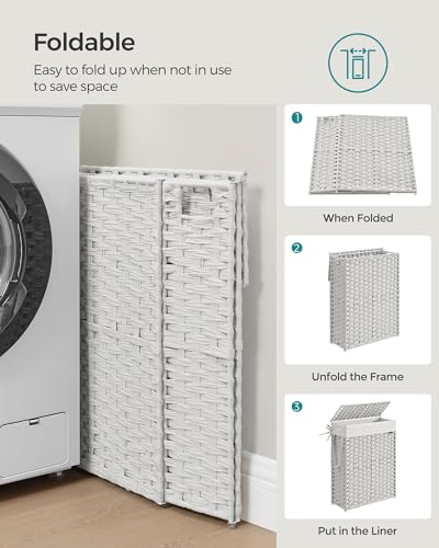 SONGMICS Slim Laundry Hamper with Lid, 14.5 Gallon (55L) Rattan Clothes Laundry Basket with Lid and Handles, Foldable, Removable Liner, Cloud White ULCB164W01 - color: Cloud White, size: 55 L