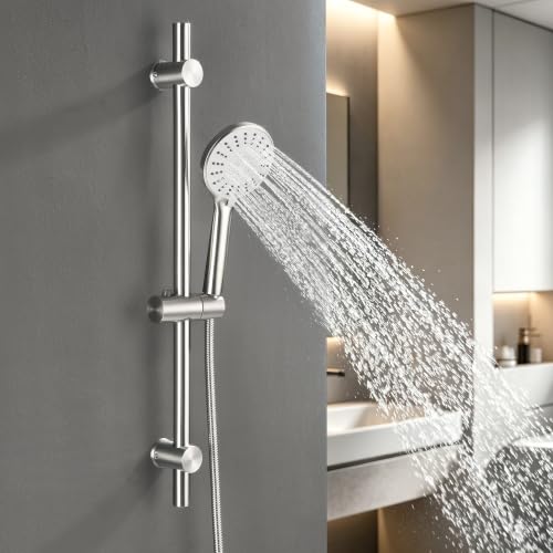 Shower Slide Bar with Adjustable 5-Function Handheld Shower Head & 59-Inch Hose – Stainless Steel Wall Mount Shower Slide Bar Set, Drilling Required(Brushed Nickel) - color: Brushed Nickel