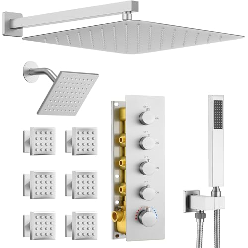 Dasan Thermostatic Dual Shower System with 6 Body Jets, 6-Inch Shower & 16” Rainfall Shower, Luxury Brushed Nickel Shower Faucet Set Rain Shower System for Couples/ 2-Person - color: Brushed Nicke