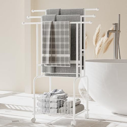 3 Tier FreeStanding Towel Rack with Wheels and Storage Basket | 42.5" H White Metal Towel Drying Rack Outdoor, Pool Towel Stand Display for bathrooms, laundry rooms and pool areas