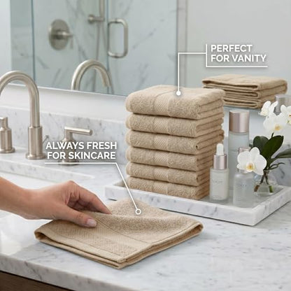 Sofea 100% Cotton Washcloths Set of 12, (12 x 12 Inch) 520 GSM Wash Cloths, Extra Soft Absorbent Quick Dry Face Towels - color: Beige