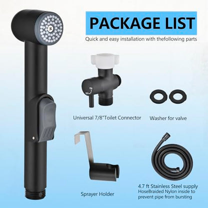 Matte Black Handheld Bidet Sprayer for Toilet - Durable ABS Bathroom Jet for Feminine Hygiene, Baby Cloth Diaper Washer & Pet Bathing - Lightweight Attachment with Hose, Easy DIY Installation