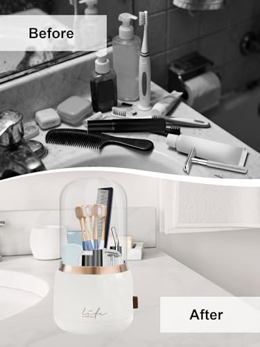 Rotating Toothbrush Holder Covered, Bathroom Counter Organizer, White | 360° 7-Slot Rotating Draining Water for Kids Electric Tooth Brush, Toothpaste, Razors, Cosmetic Brushes - color: White
