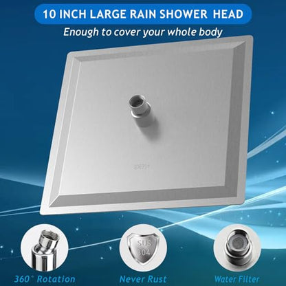 Voolan All Metal Shower Head with Extension Arm, Stainless Steel Waterfall Rainfall Showerheads, High Flow Bathroom Square Rain Shower Head (10’’ Shower Head with 16’’ Shower Arm, Brushed Nickel) - color: Brushed Nickel, size: 10’’ Shower Head with 16’’ S
