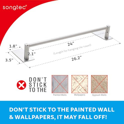 Adhesive Bath Towel Bar 24-inch, No Drill Stick On Towel Rack, Easy Install with Self-Adhesive, Premium SUS304 Stainless Steel (Brush Nickle, 24) - color: Brush Nickle, size: 24-Inch