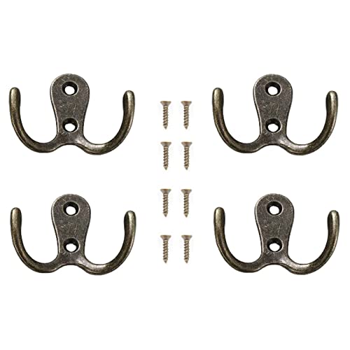 4 Pcs Double Prong Robe Hooks, Dual Coat Hooks Wall Mounted Hanging Clothes for Bathroom Bedroom Door Wall Retro Metal Cloth Hanger Double Coat Hooks with 8 Screws (Vintage) - color: Vintage