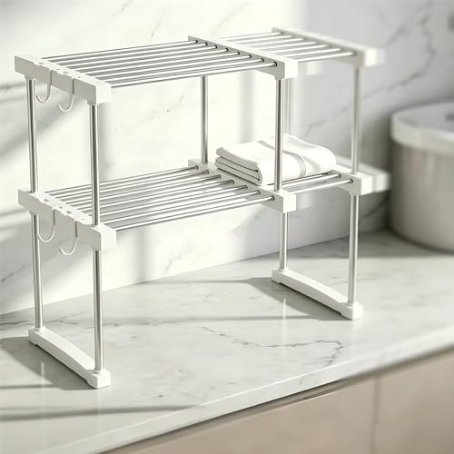 BLULEE Expandable Under Sink Organizer, No-Drill Adjustable Shelf | Custom fit around pipes cabinet rack for bathroom vanity and kitchen pantry, supporting heavy laundry supplies. - color: White, size: 2 Pack