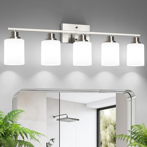 Ascher Bathroom Light Fixtures, 5-Light Vanity Light Over Mirror, Brushed Nickel Wall Sconces with Milky White Frosted Glass Shades, Wall Lamp for Living Room Bedroom, E26 Base(Bulbs Not Included) - color: Brushed Nickel, size: 5-Light
