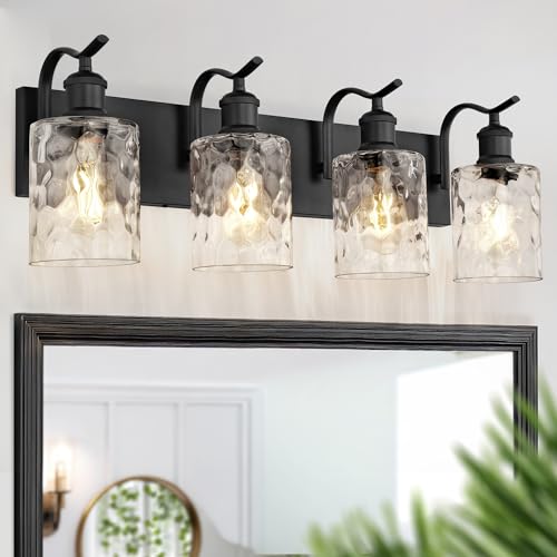 Bathroom Vanity Light Fixtures 4-Light Hammered Glass Modern Wall Mounted Over Mirror Black - VL01BKH-4 - color: Black & Hammered Glass, size: 4 LIGHT