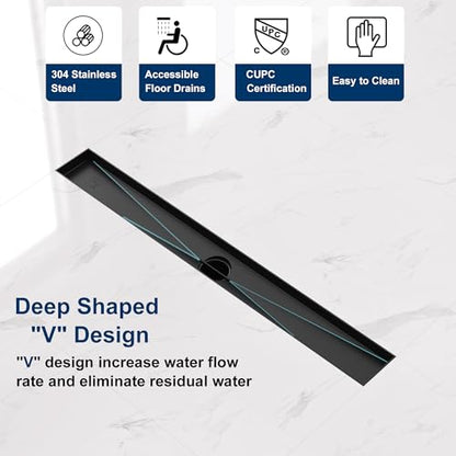 Neodrain 24" Matte Black Linear Shower Drain with Quadrato Pattern Grate | 304 Stainless Steel Linear Drain,Rectangle Shower Floor Drain with Hair Strainer, shower drain base ,Fits Bathroom, Balcony - color: Matte Black, size: 24 In