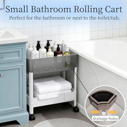 2 Tier Rolling Cart with Wheels for Under Desk Storage, Heavy Duty Plastic Short Small Utility Cart for Small Space Bathroom Vanity Makeup Organizer Pantry, 4.7'' Deep Baskets for Tall Bottles - size: 2-tier