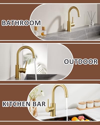 Tohlar Gold Bathroom Faucet with 2 Mode Sprayer | Single Hole Bar Sink Faucet, 360° Swivel, with Pop Up Drain, for Vanity RV Laundry - color: Brushed Gold
