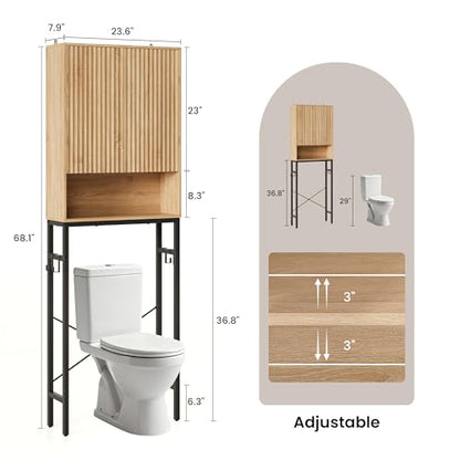 Toilet Storage Cabinet, Over the Rack Wood Cabinet with Metal Stand, Bathroom Organizer with Adjustable Shelf, Tall Freestanding Washer Shelf, Small Cupboard, Space Saver, Natural Style