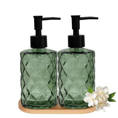 12oz Green Glass Hand and Dish Soap Dispenser Set, Diamond Design, Set of 2 | Bathroom Soap Dispenser with Plastic Pumps, Bamboo Tray for Hand Wash & Dish Wash, for Bathroom Kitchen Countertop - color: Green