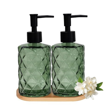 12oz Green Glass Hand and Dish Soap Dispenser Set, Diamond Design, Set of 2 | Bathroom Soap Dispenser with Plastic Pumps, Bamboo Tray for Hand Wash & Dish Wash, for Bathroom Kitchen Countertop - color: Green