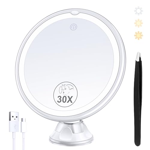 Lighted Makeup Mirror with 30X Magnification, 30X Magnifying Mirror Suction Cup with Light, 3 Color Modes and Adjustable Brightness, 360°Swivel Magnifying Mirrors with Light for Vanity 1500mAh - color: White-typec