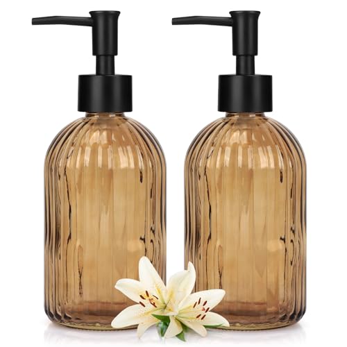 Glass Soap Dispenser with Plastic Pump, Hand Soap Dispenser for Hand Wash, Lotion Dispenser for Dishwashing Liquid, Lotion Shower Gel (Striped Brown) - color: Striped Brown