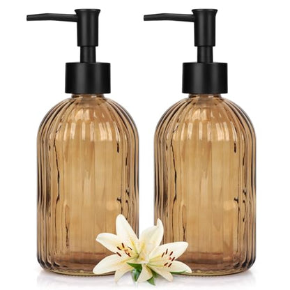 Glass Soap Dispenser with Plastic Pump, Hand Soap Dispenser for Hand Wash, Lotion Dispenser for Dishwashing Liquid, Lotion Shower Gel (Striped Brown) - color: Striped Brown
