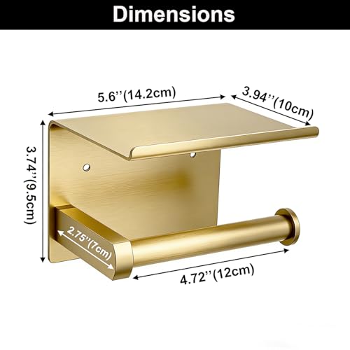 Brushed Gold Toilet Paper Holder Wall Mount, NEWRAIN Rustproof Toilet Tissue Holder with Phone Shelf, Stainless Steel Adhesive Toilet Roll Holder for Bathroom, Washroom, Kitchen, RV - color: Brushed Gold, style: Single