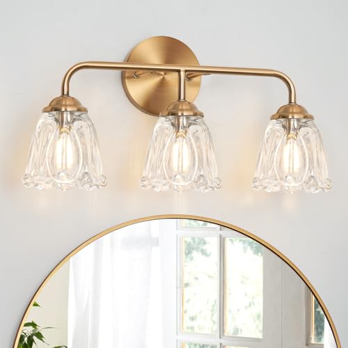 Daunton 3-Light Bathroom Vanity Light Gold, Vintage Vanity Light Fixtures Over Mirror, Brass Bathroom Light with Flower Glass Shade, Art Deco Wall Sconce Lighting for Bedroom, Living Room - color: Gold, size: 18.1in