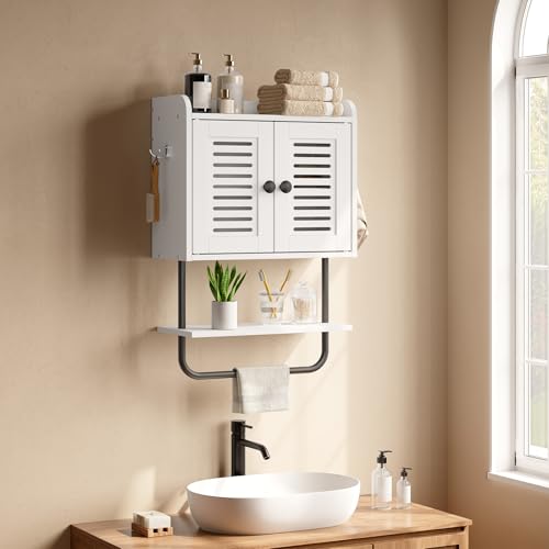 HOOBRO Medicine Cabinet, Double Doors Bathroom Wall Cabinet with Towel Bar, Adjustable Shelf, 2 Hooks, Over The Toilet Storage Cabinet, for Bedroom, Kitchen, White BW46CW01 - color: White + Black