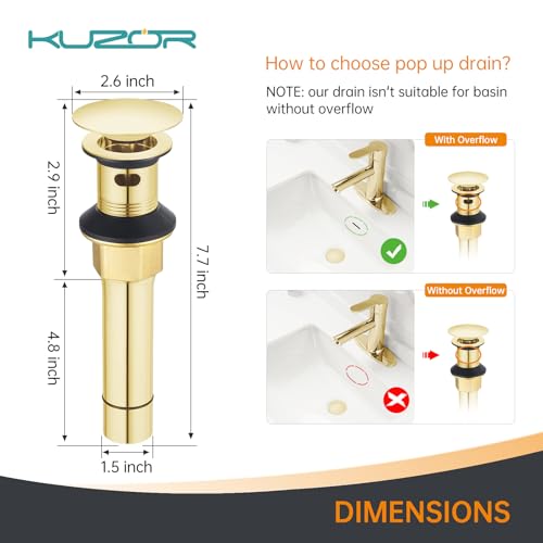 Brushed Gold Pop Up Bathroom Sink Drain with Overflow, 2 Pack | 2-pack bathroom sink stoppers fit 1-5/8 to 2 in drain holes; 304 stainless steel for vanity and vessel sink drains - color: Gold, style: 2PCS