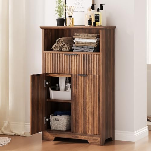 Fluted Buffet Cabinet with Storage, Modern Coffee Bar Cabinet | With Drawer & Adjustable Shelf, Wood Sideboard Cabinet for Kitchen, Bathroom, Entryway and Living Room Walnut - color: Walnut