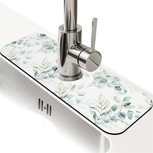 Kitchen Sink Splash Guard，Tropical Green Leaf-1 Faucet Mat Sink Gadgets-Super Absorbent Fast Drying Mat Drip Catcher for Kitchen, Bathroom,Sink Mat, Dish Drying Mat, Bathroom(15" X 5.5" ) - color: Tropical Green Leaf-1