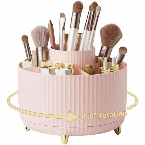 360 Degree Rotating Desktop Organizer,Makeup Brushes,Pencils,Desktop Stationery Storage Rotating Rack,Premium Plastic Organizer For Office,School And Home (Pink) - color: Pink