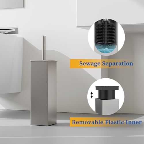 RUACQ Toilet Brush and Holder Set, Square, Brushed Nickel | SUS304 Stainless Steel Handle, Toilet Cleaner Brush with Durable Scrubbing Bristles, Splash-Proof - color: Brushed Nickel, size: 1 pack
