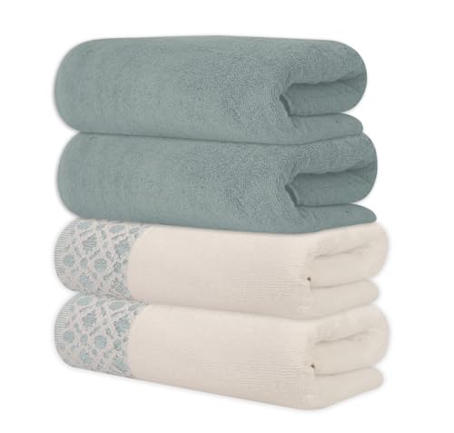ELITE 4 Pack Luxury Jacquard Bath Towel Set – 100% Cotton, 600 GSM Ultra Soft & Absorbent Towels – Elegant Floral Pattern – 4 Large Bath Towels 27"x54" for Bathroom, Gift Spa & Hotel (Green Millieu) - color: Green Millieu