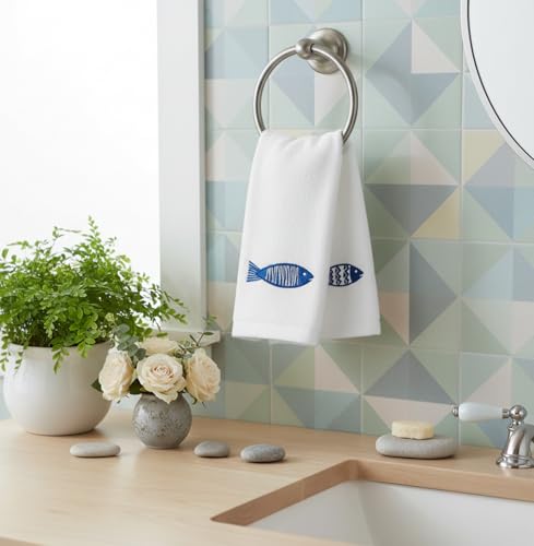 Serafina Home Summer Soft Absorbent Bathroom Coastal Guest Embroidered Fingertip Towels: Sealife Blue Fish Design, 2 Piece 12" x 18" Inches - color: Blue Fish