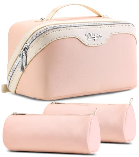 BOYATU Travel Makeup Bag Organizer Cosmetic Bag: 3 Pcs Set Make up Bags for Women with Handle - Waterproof Vegan Leather Toiletry Bags Travel Essentials Pouch with Compartments (A-09-Pink) - color: 02-D-Pink