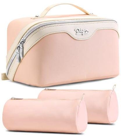 BOYATU Travel Makeup Bag Organizer Cosmetic Bag: 3 Pcs Set Make up Bags for Women with Handle - Waterproof Vegan Leather Toiletry Bags Travel Essentials Pouch with Compartments (A-09-Pink) - color: 02-D-Pink