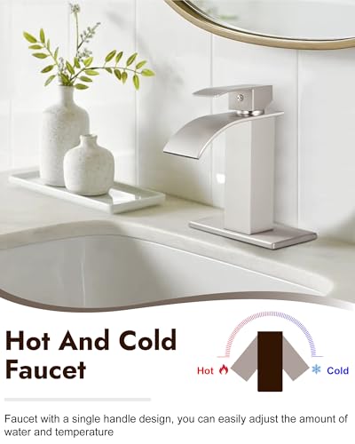 Midanya Waterfall Bathroom Faucet 1 Hole,Brushed Nickel | with 24” Hoses,Pop Up Drain,6” Deck Plate,for 1 or 3 Hole Vanity,Lavatory,RV,Single Handle Bathroom Sink Faucet,NSF Certified - color: Nickel