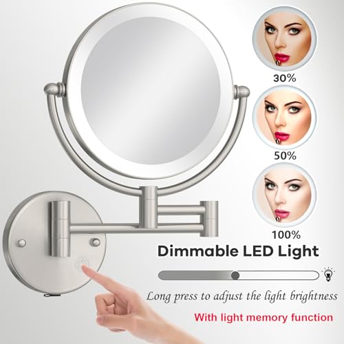 8 Inch Rechargeable Brass Lighted Magnifying Mirror Wall Mounted, 1X/5X Double-Sided Bathroom Personal Makeup Mirror with Light, Brushed Nickel | 8-Inch, 1X/5X Magnification, 2-Sided, Bathroom Personal Makeup Vanity, Brass Extended Arm, 360 Rotation, 3 Co