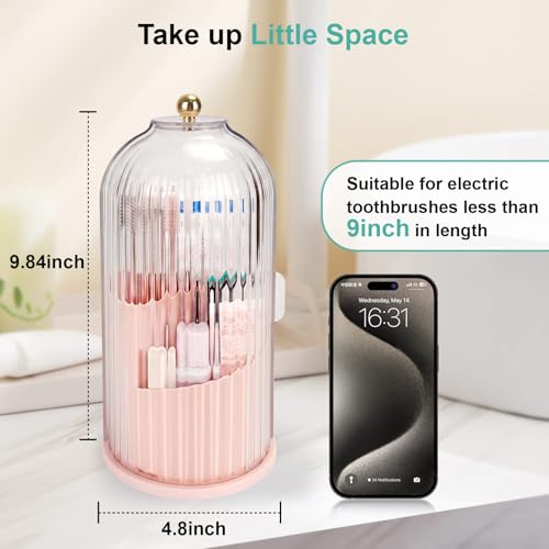 QIYVLOS Toothbrush Holders with Sliding Lid, Rotating 3 Slots Bathroom Organizer Countertop, Tooth Brush Toothpaste Holder Bathroom Counter Stand Sink Organizer Caddy for Makeup Brushes Holder (Pink) - color: Pink+transparent