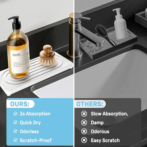 2 PCS Water Absorbing Stone Tray, Quick Drying Diatomite Sink Tray, Non-Slip Drying Mat for Bathroom Vanity & Kitchen Counter, Soap Dispenser Sponge Holder Organizer, White 8.3x4 Inch (White) - color: White