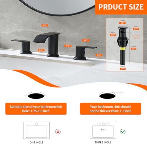 Waterfall Bathroom Faucet 3 Holes, 8 Inch Widespread Faucet 2 Handle Lead-Free Black, Bathroom Faucet with Water Supply Lines Pop Up Drain, Bathroom Basin Lavatory Mixer Tap with Deck Mount Plate - color: Matte Black, size: 8 Inch