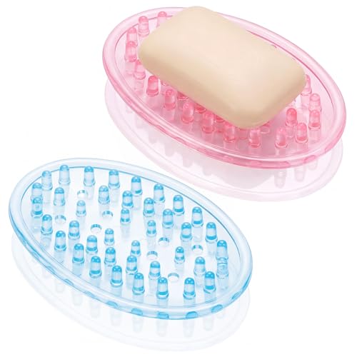 2 Pcs Plastic Soap Holder Soap Dish Bar Saver Tray with Holes Sponge Holder for Kitchen Bathroom Shower Counter, 4.5 x 3 x 0.7 Inches (Pink,Blue) - color: Pink, Blue