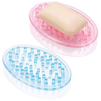 2 Pcs Plastic Soap Holder Soap Dish Bar Saver Tray with Holes Sponge Holder for Kitchen Bathroom Shower Counter, 4.5 x 3 x 0.7 Inches (Pink,Blue) - color: Pink, Blue
