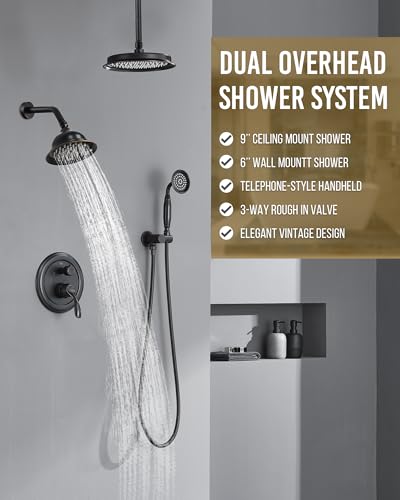 DASAN Antique Dual Shower Head Faucet Set, Oil Rubbed Bronze Dual Rain Shower Head System Complete Double Head Shower Fixture Combo, 9'' & 6'' Dual Rainfall Overhead Shower with Handheld, Valve & Trim - color: Oil Rubbed Bronze