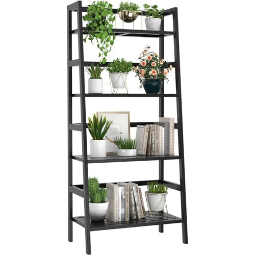 Bamboo Bookshelf 4-Tier Ladder Shelf, 49.2” Freestanding Open Bookcase Book Shelf Bathroom Storage Shelf Unit Plant Stand for Small Space, Living Room, Bedroom, Home Office, Black - color: Black