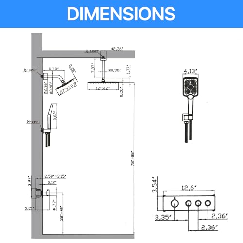Shower System Brass Thermostatic Shower Faucet Set With Valve and Diverter Shower Mixer With Rain Head and Handheld High Pressure Square Rainfall - color: Brushed Nickel, style: 12+6'' Wall Mount Thermostatic Valve