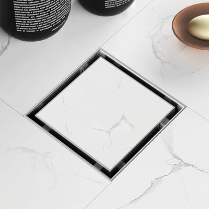 4 Inch Square Shower Drain with Tile Insert Grate, Brushed | 304 Stainless Steel, Square Tile Floor Drain for Bathroom, Removable Tile-In Drain Grate with Hair Strainer, cUPC Certified - size: 4 inch