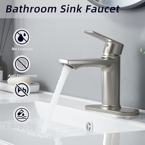 BELZ Nickel Bathroom Faucet 2 Sets,Lead-Free Single Hole Vanity Sink Faucet | NSF372 Certified, Anti-peeling PVD Nickel Finish, Water-saving & Anti-splash, Single Handle Modern Design with Hot/Cold Hoses - color: 2 Pack-Brushed Nickel
