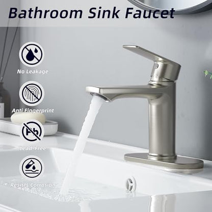 BELZ Nickel Bathroom Faucet 2 Sets,Lead-Free Single Hole Vanity Sink Faucet | NSF372 Certified, Anti-peeling PVD Nickel Finish, Water-saving & Anti-splash, Single Handle Modern Design with Hot/Cold Hoses - color: 2 Pack-Brushed Nickel